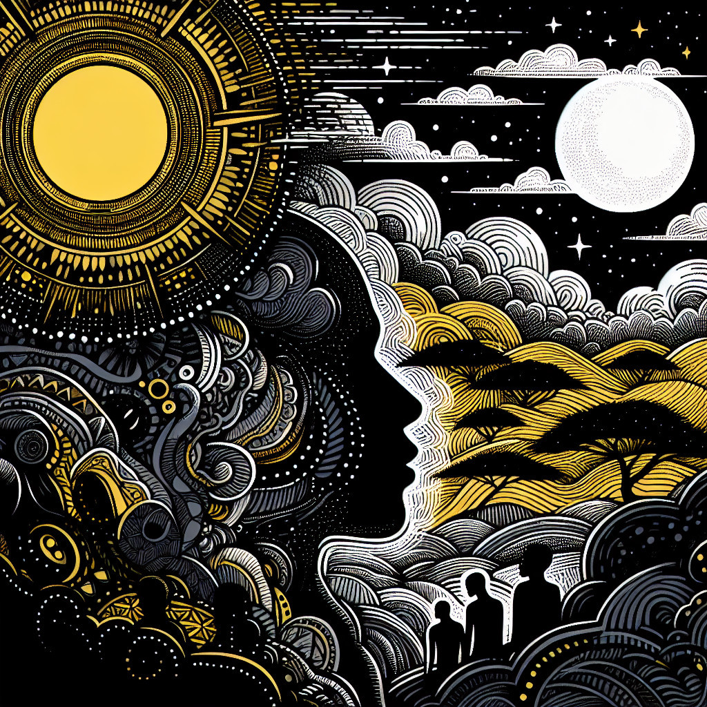 Black and White Artwork with Yellow Accents and Figures