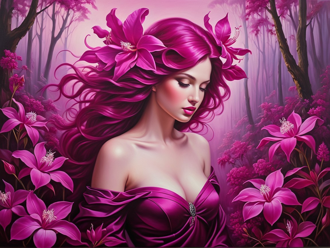 Woman with Pink Hair in Enchanted Floral Setting