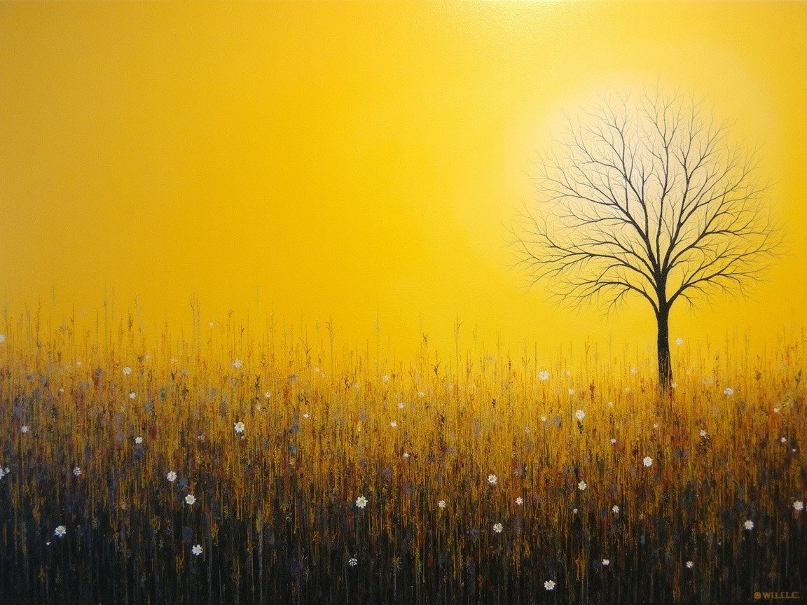 Solitary Tree and Grassy Field Under Yellow Sky