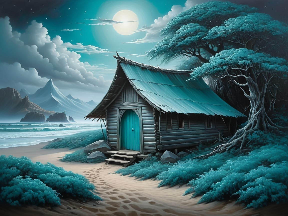 Serene Coastal Scene with Cabin and Full Moon