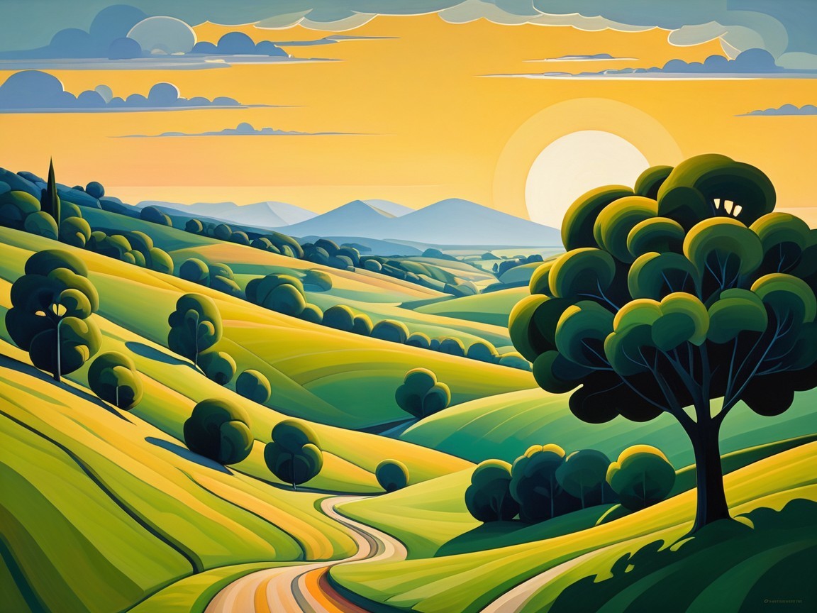Vibrant Landscape with Rolling Hills and Sunset Sky