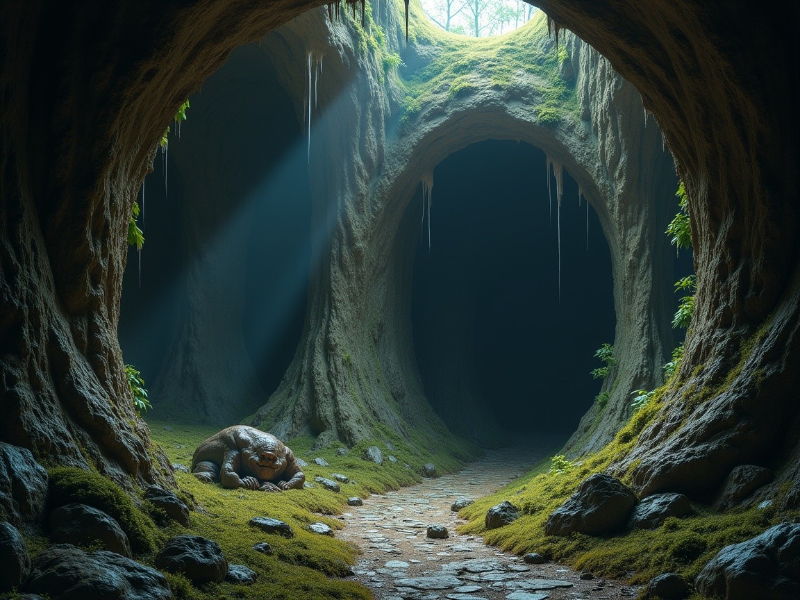Serene cave with sunlight, moss, and peaceful figure
