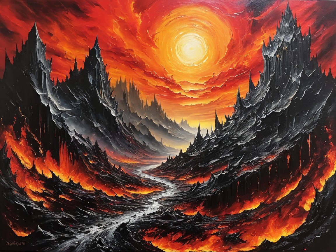 Fiery Sky and Jagged Mountains in Otherworldly Landscape