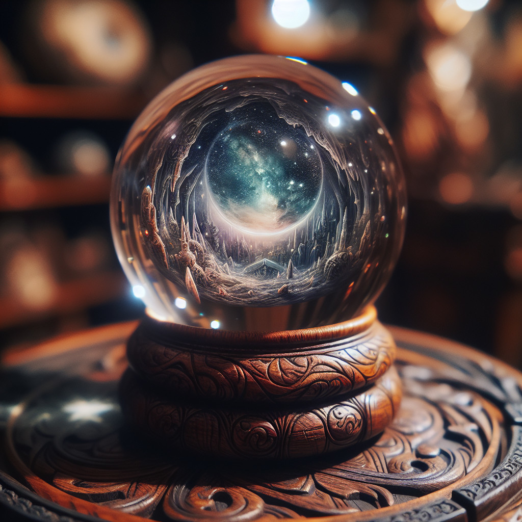 Mystical Crystal Ball on Carved Wooden Base with Galaxies