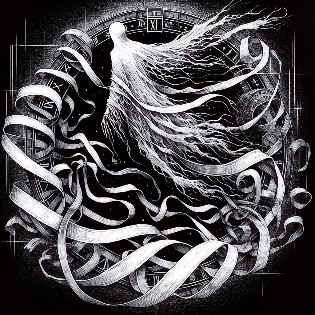 Ghostly Figure with Ethereal Tendrils and Clock Face