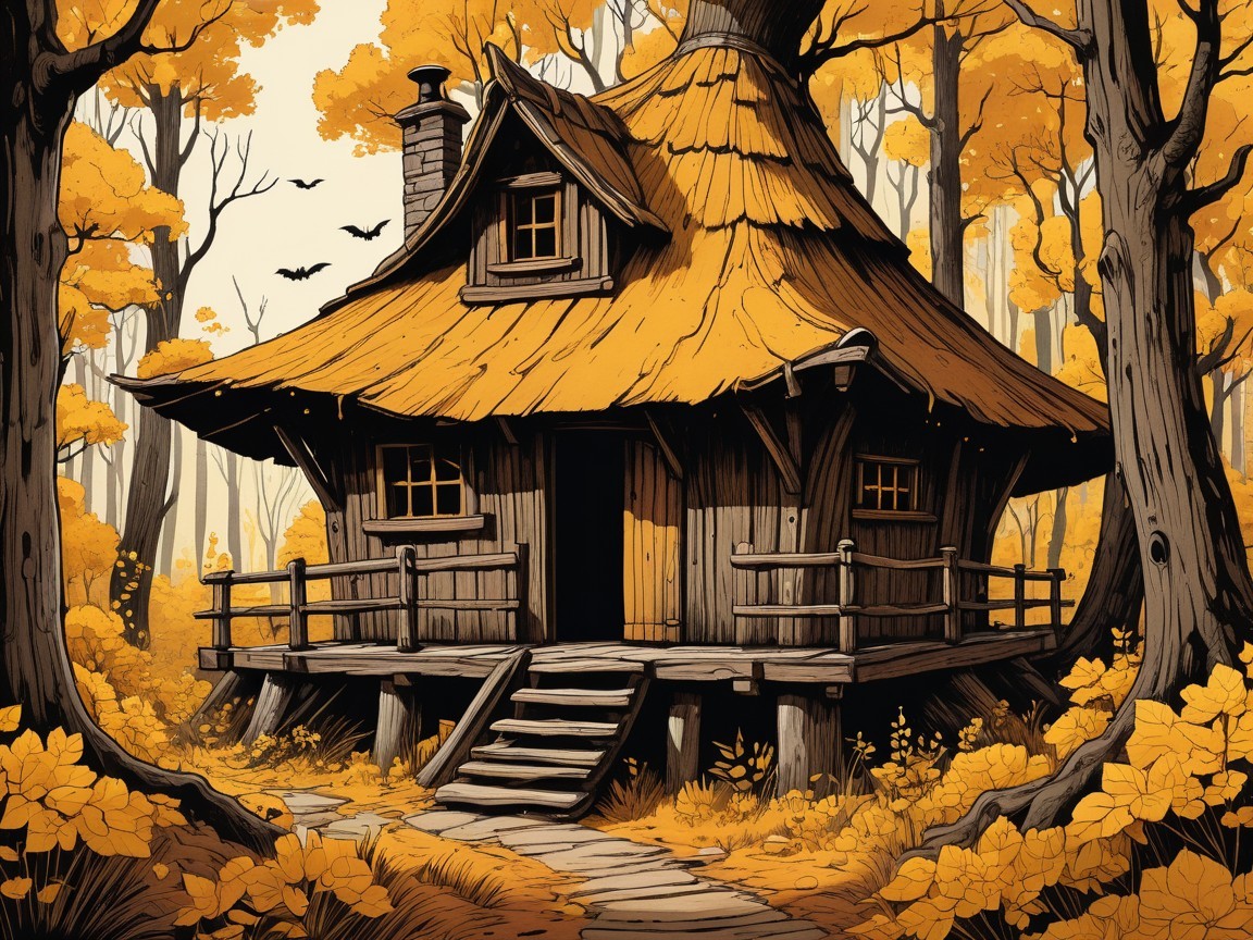 Wooden Cottage Surrounded by Autumn Trees and Bats