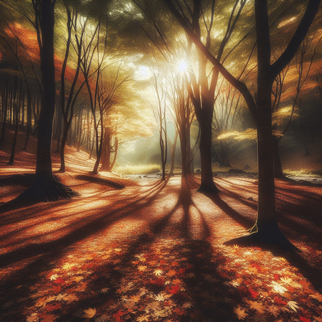 Autumn Forest with Sunlit Leaves and Tall Trees