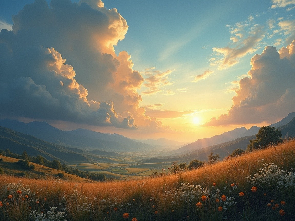 Golden Sunset Over Majestic Mountains and Lush Valley