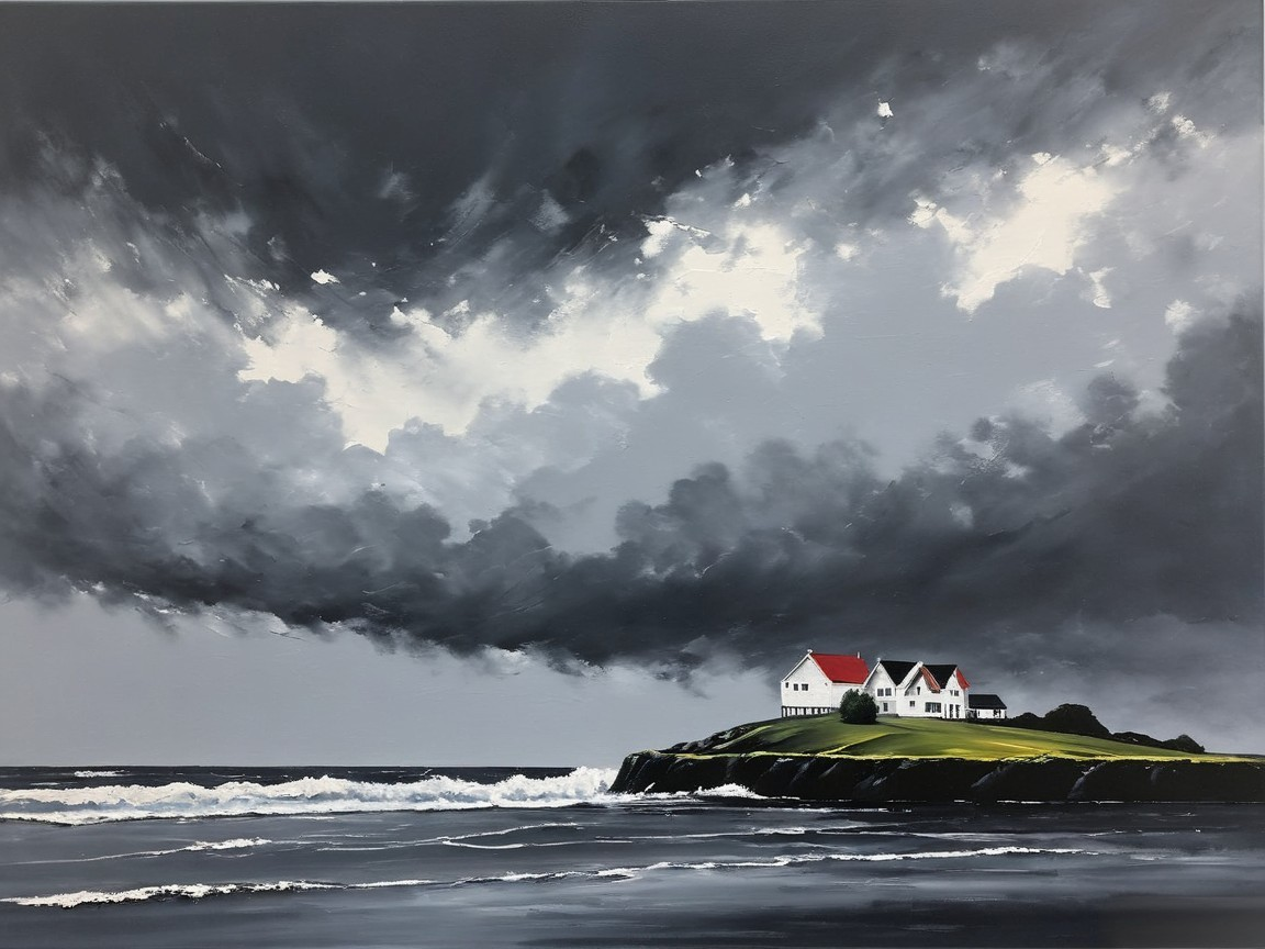 Dramatic Seascape with Rugged Coastline and Houses