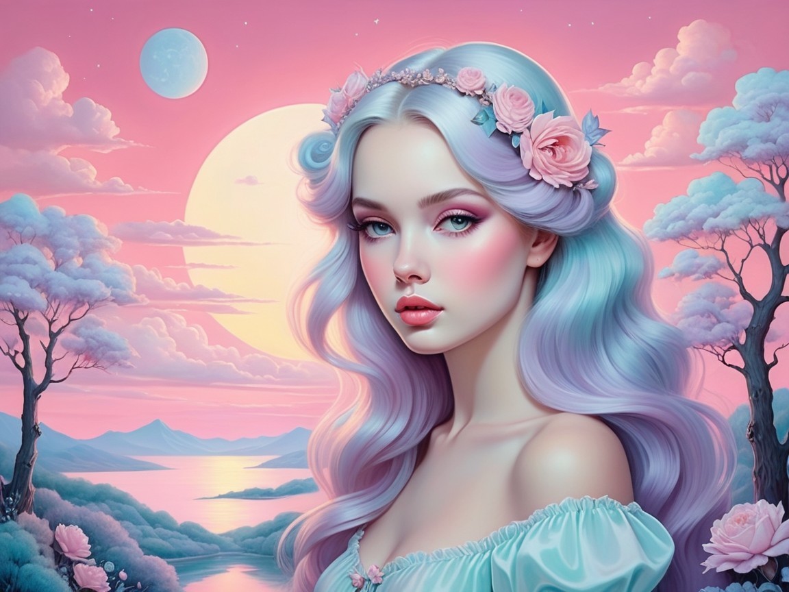 Serene Fantasy Scene with Ethereal Young Woman