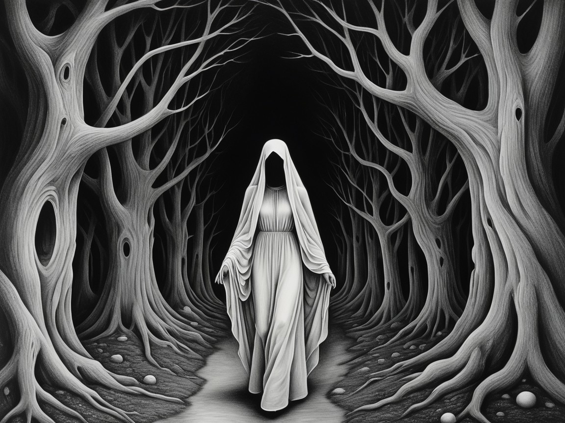 Ghostly Figure in White Dress in Dark Forest Scene