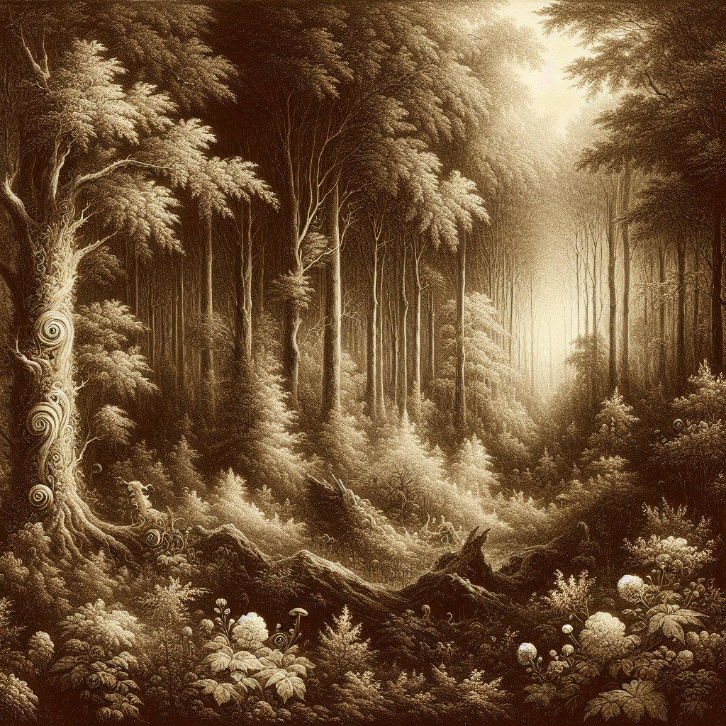 Mystical Forest Scene with Golden Light and Foliage