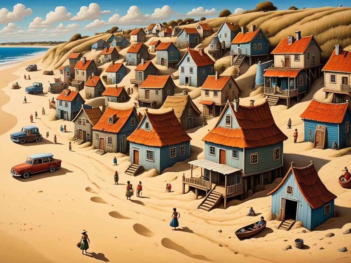 Vibrant seaside village with colorful houses and beach