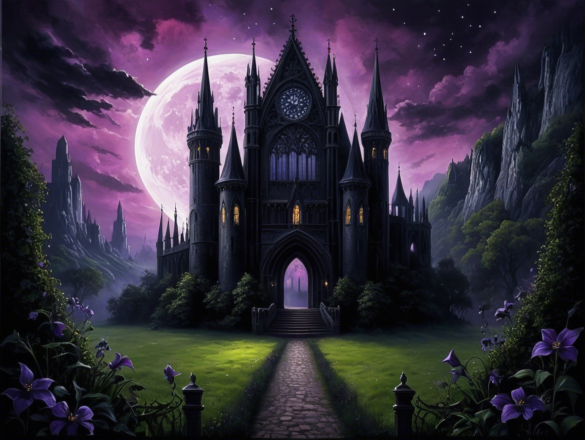 Gothic Castle Under Full Moon with Lush Surroundings