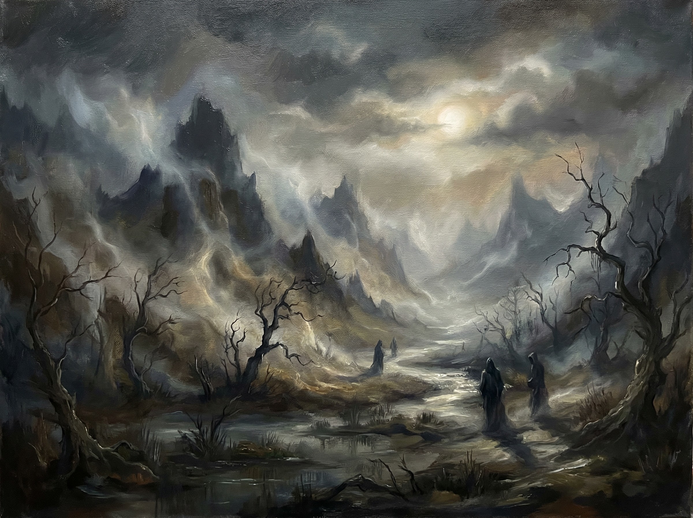 Foggy Mountain Landscape with Moonlit Stream and Figures