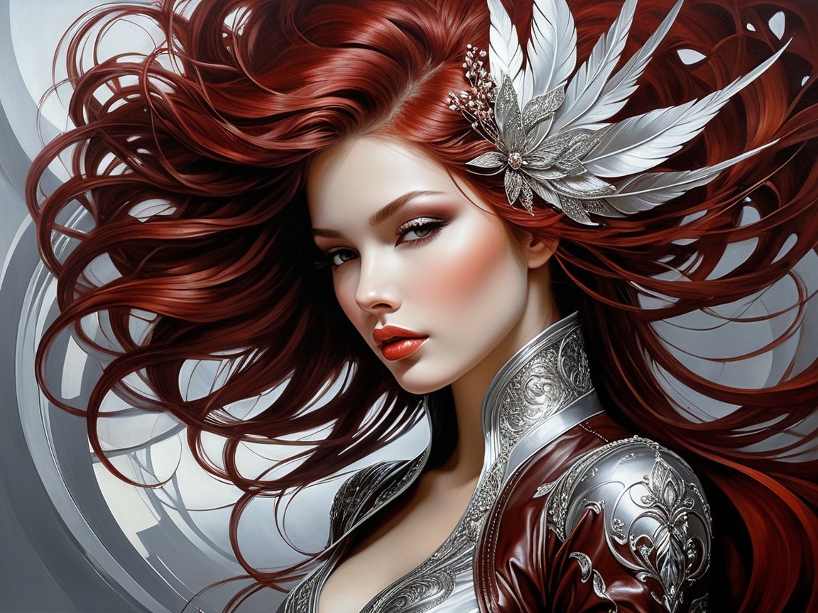 Striking Woman with Red Hair and Metallic Outfit