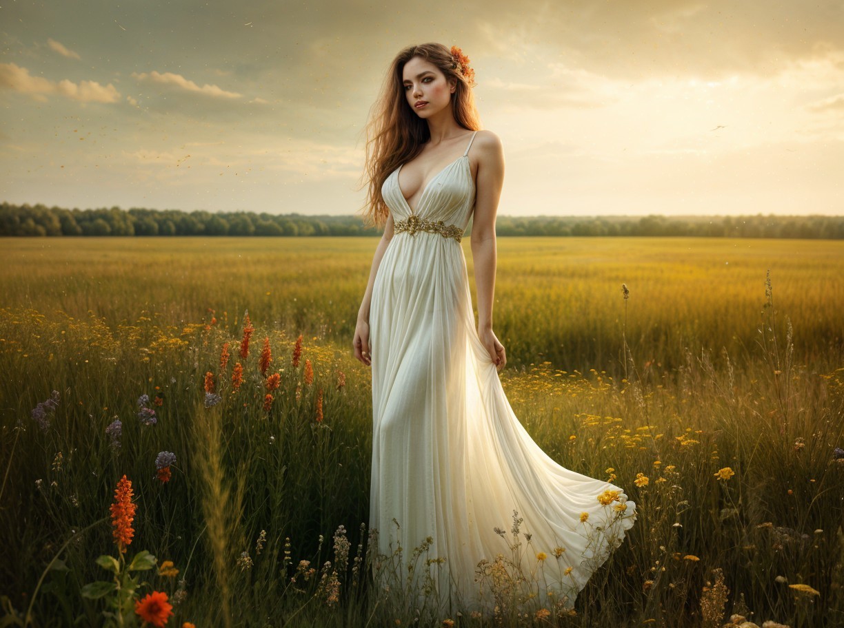 Full-body portrait of a woman in a flower-filled field