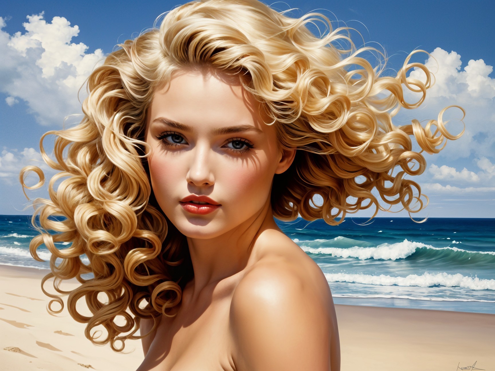 Realistic Portrait of Young Blonde Woman at Beach