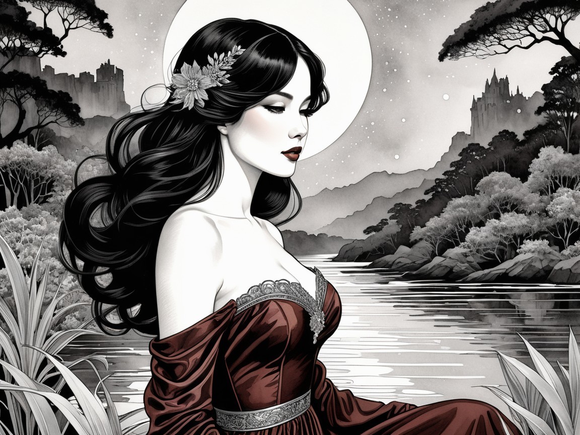 Elegant Woman by Serene River with Moonlit Background