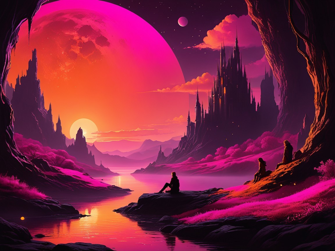 Alien Landscape with Sunset, Mountains, and Castle