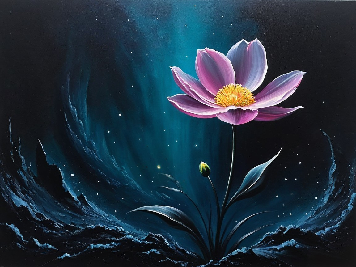 Vibrant Pink Flower Against Cosmic Dark Landscape