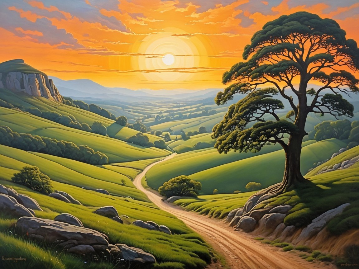 Serene Landscape with Rolling Hills and Sunset Sky