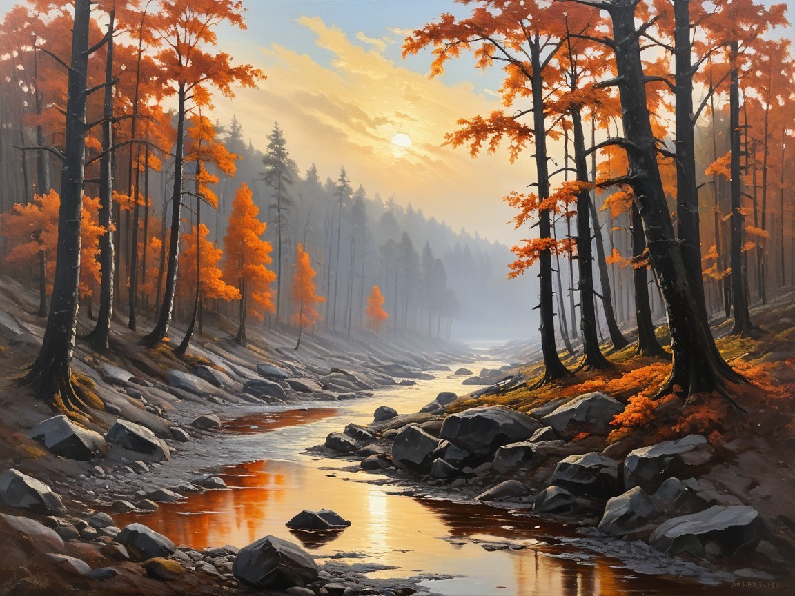 Autumn Landscape with Stream and Vibrant Trees