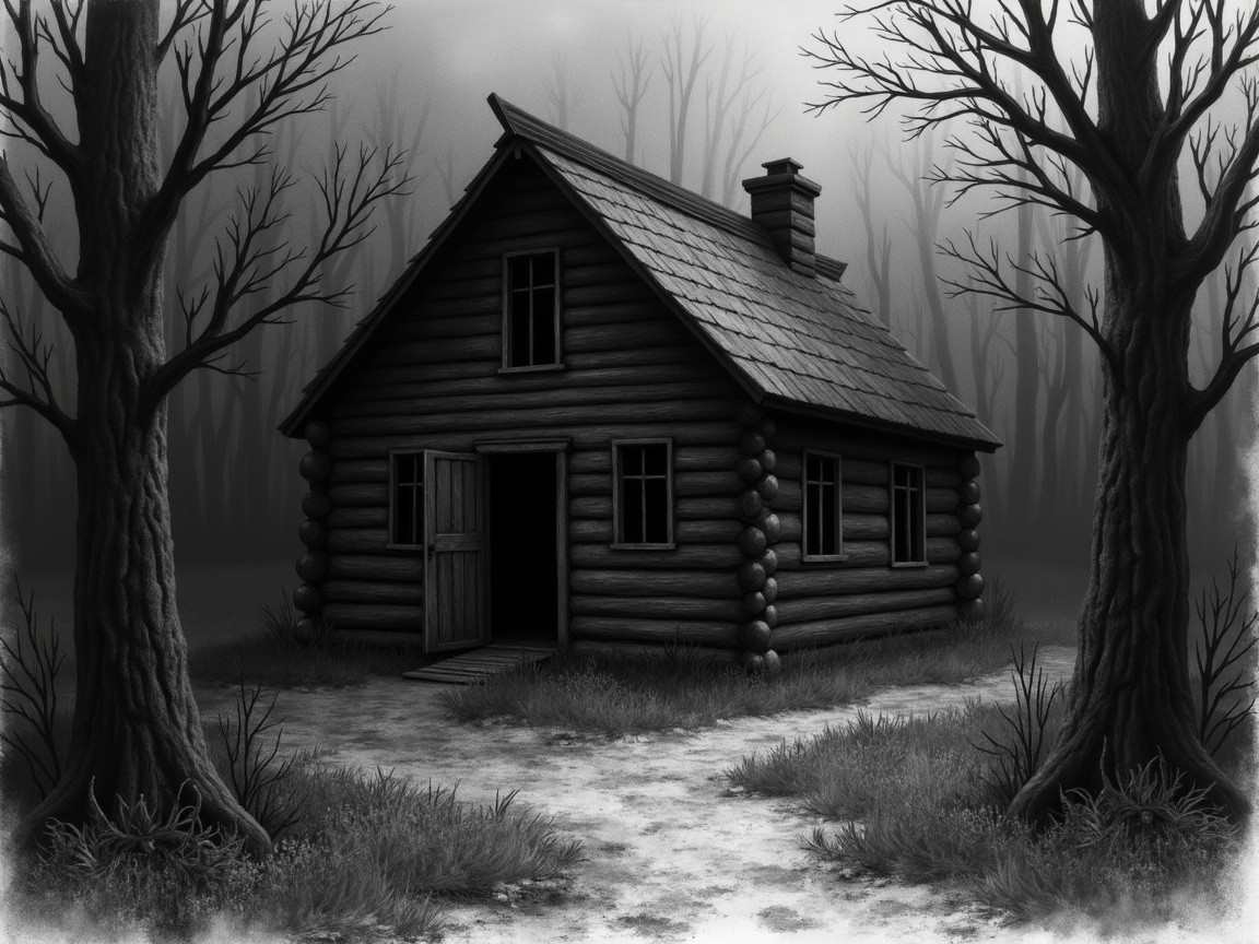 Solitary Log Cabin in a Foggy Forest Scene