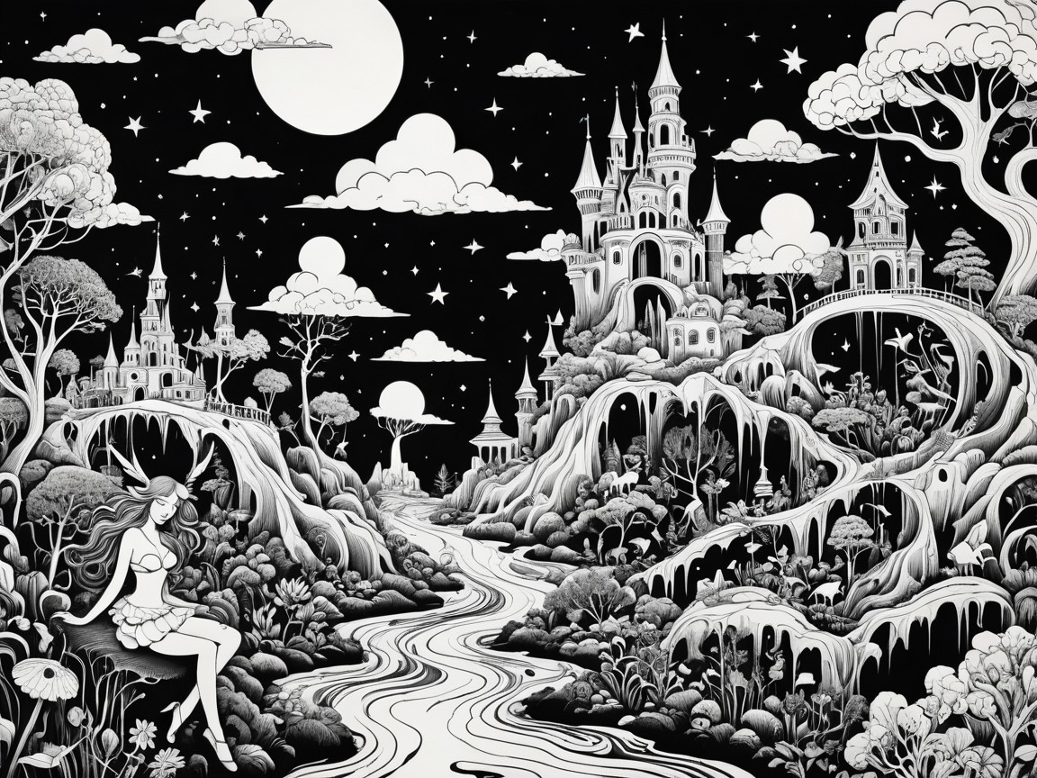 Whimsical Black-and-White Fantasy Landscape Description