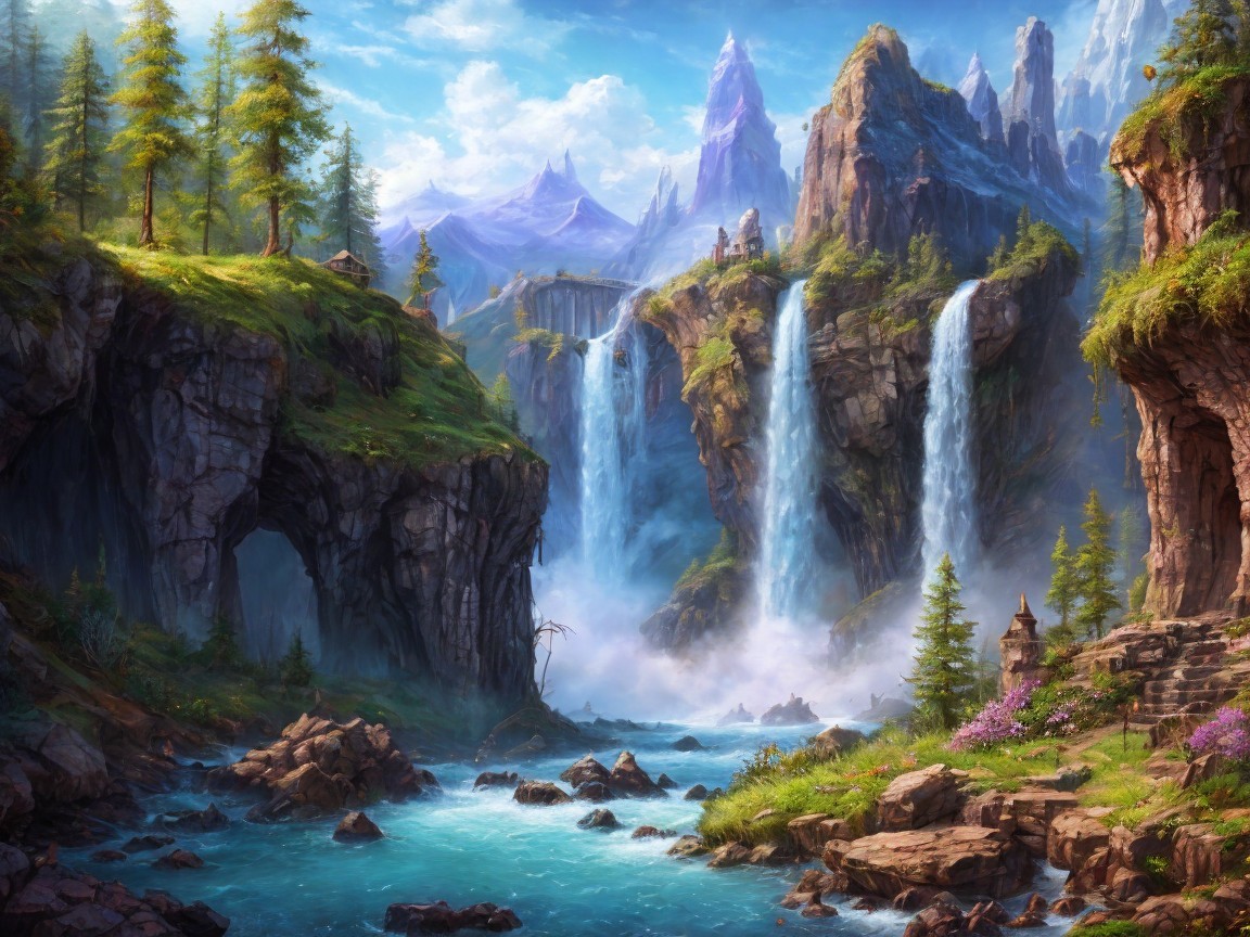 Majestic Mountain Landscape with Waterfalls and River