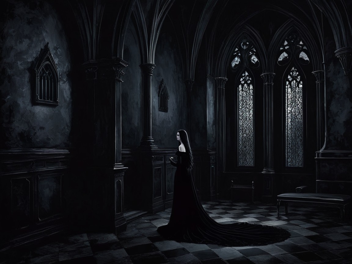 Gothic Chamber with Figure in Black Gown and Shadows