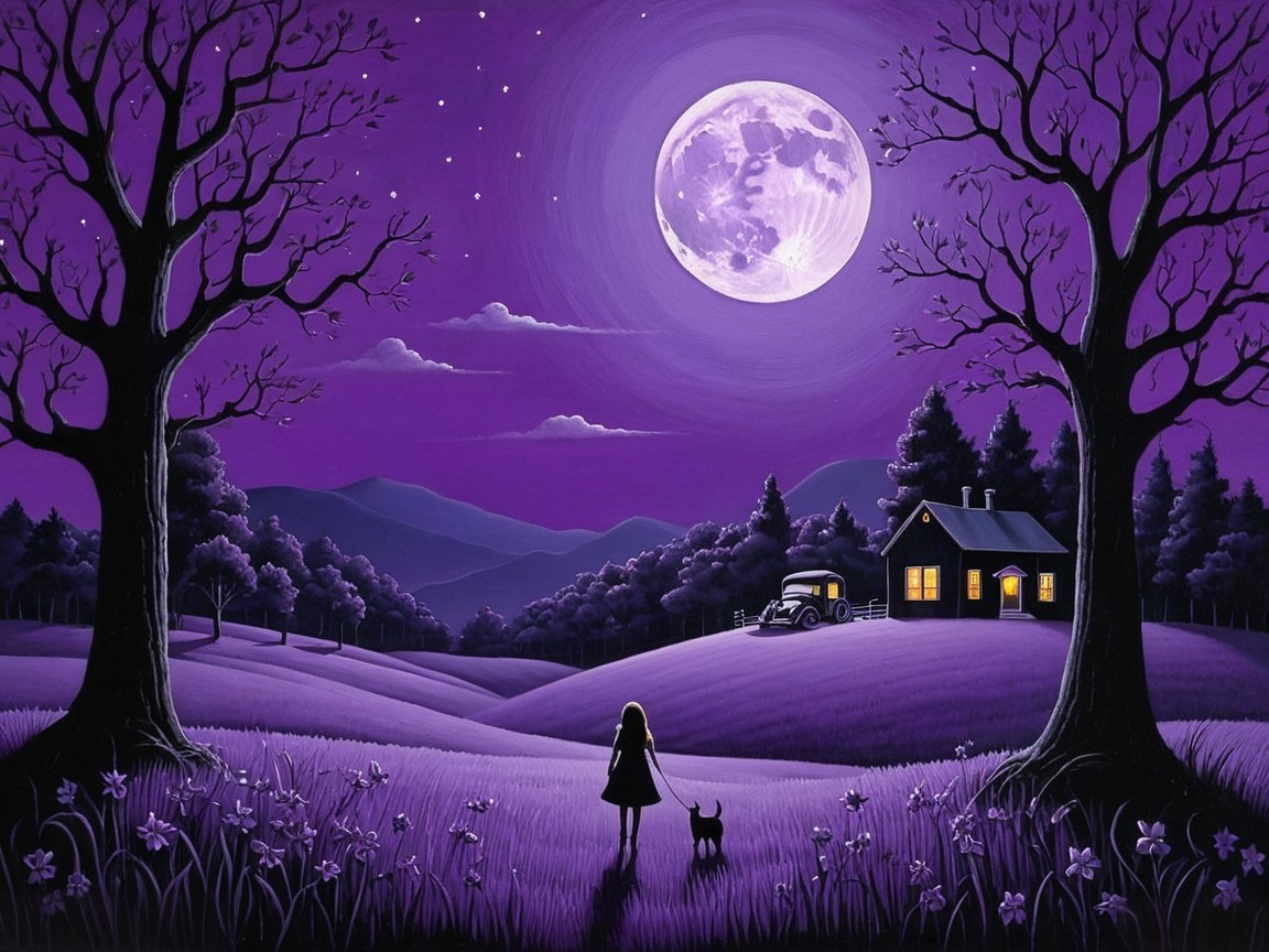Serene Night Scene with Moon, Cottage, and Stars