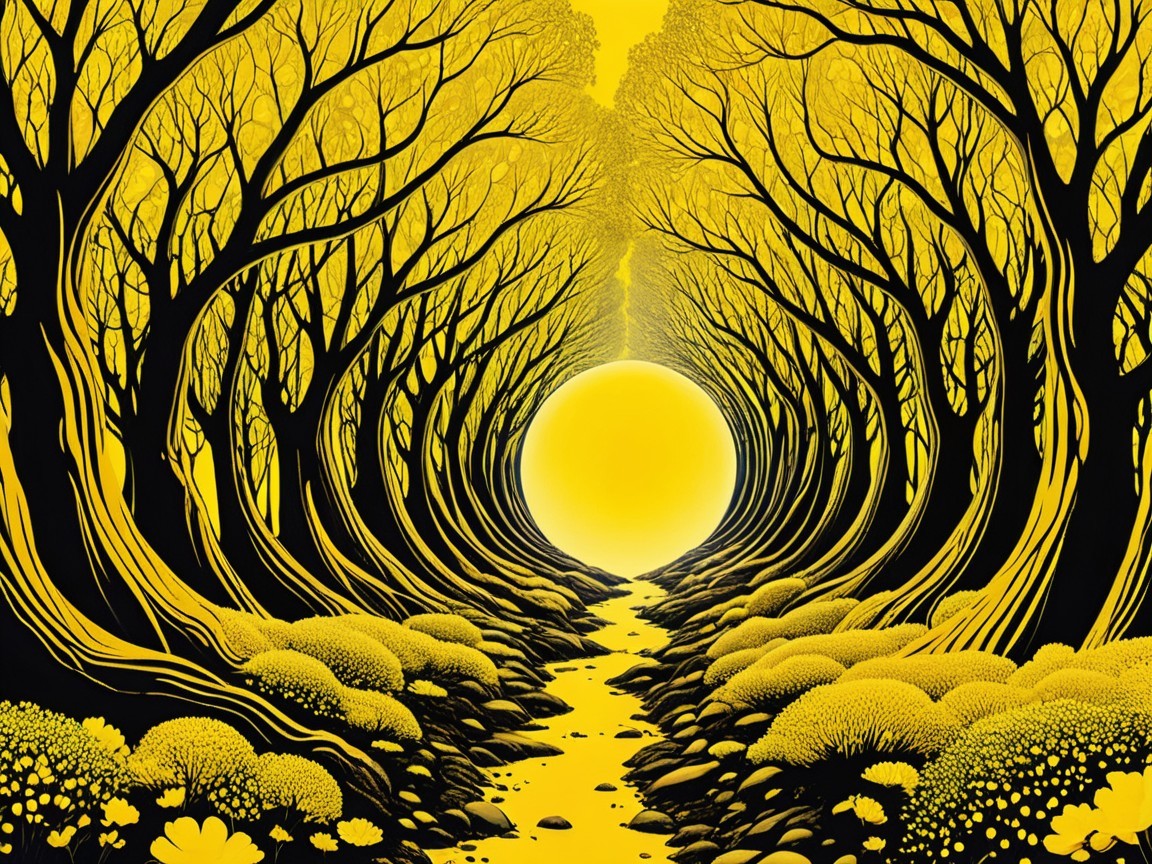 Surreal Landscape with Yellow-Hued River and Trees