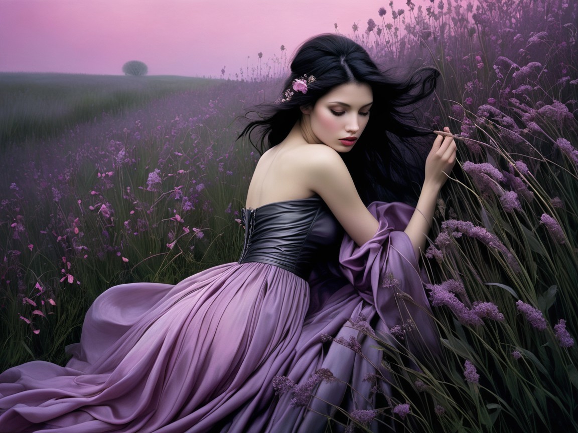 Young Woman in Purple Gown Surrounded by Lavender Field