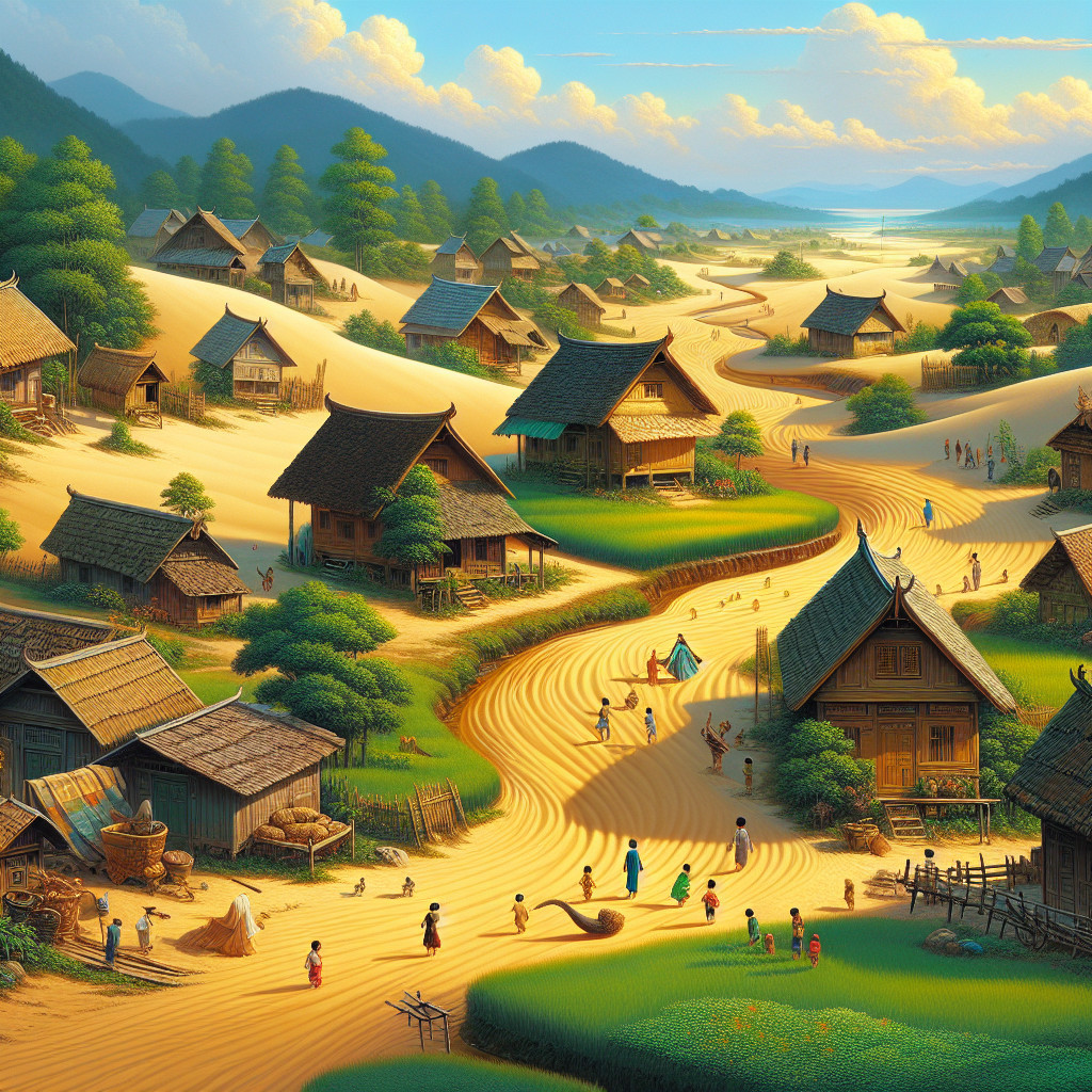 Rural Scene with Houses, Hills, and Community Life