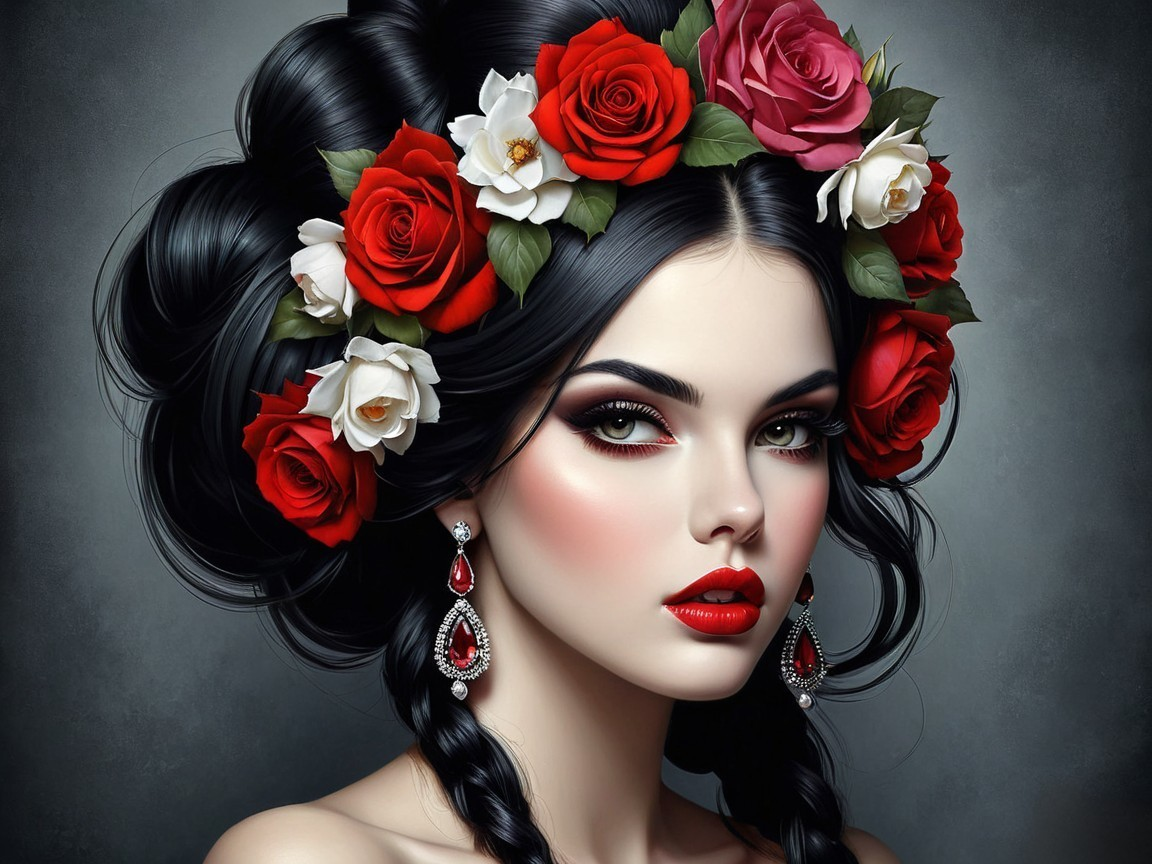 Woman with Black Hair and Rose Adornments