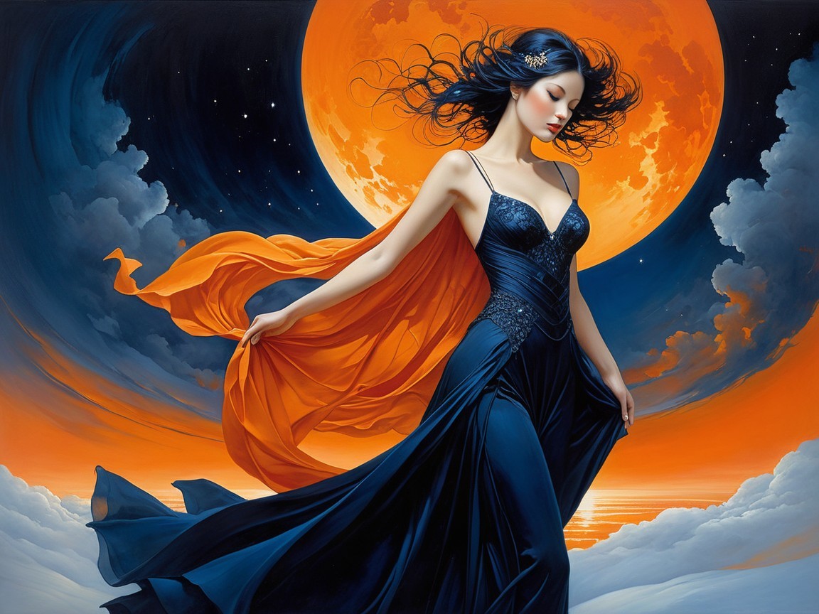 Woman in Dark Gown Before Orange Full Moon
