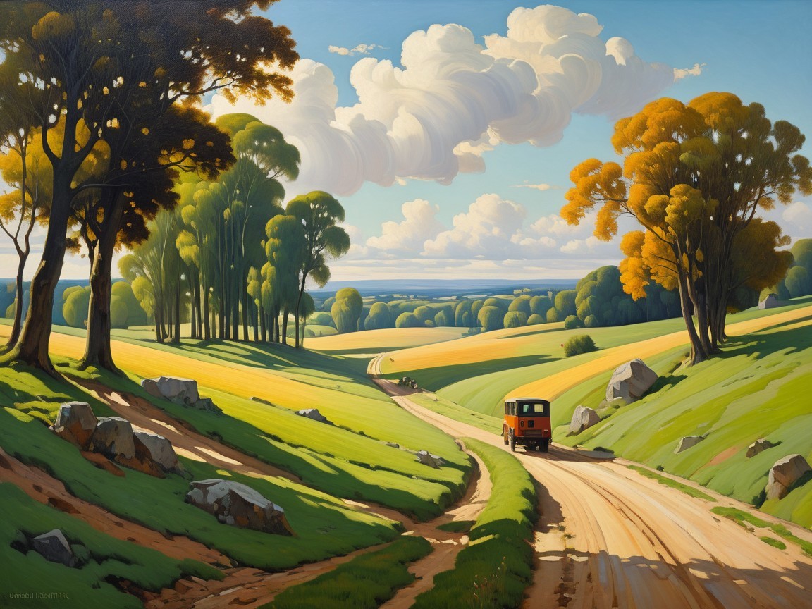 Serene Landscape with Green Hills and Autumn Trees