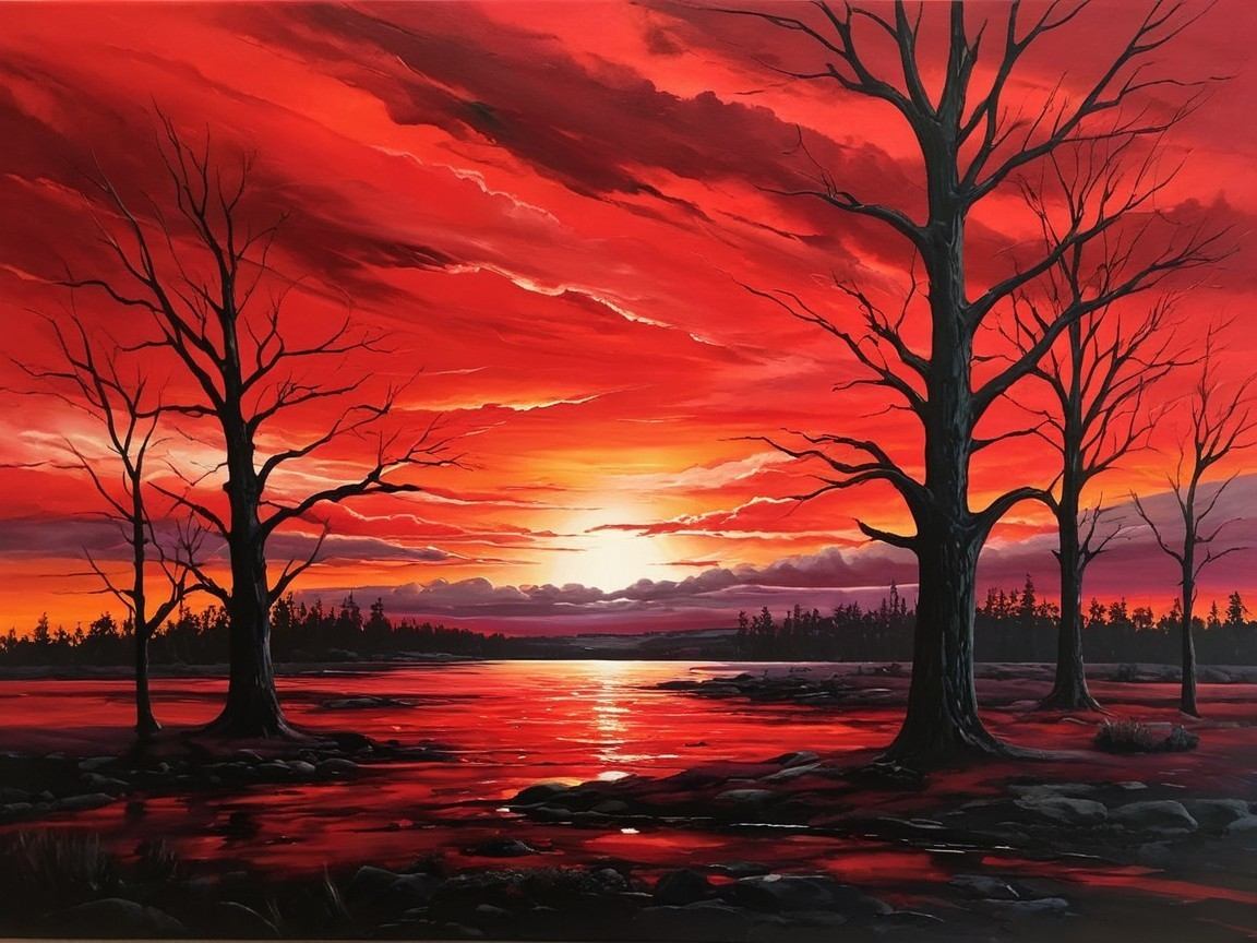 Dramatic Sunset Over Serene Lake with Silhouetted Trees