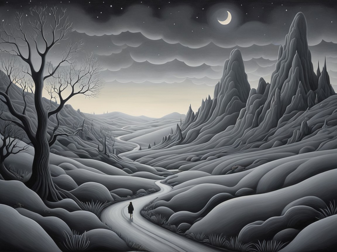 Solitary Figure in a Monochromatic Surreal Landscape