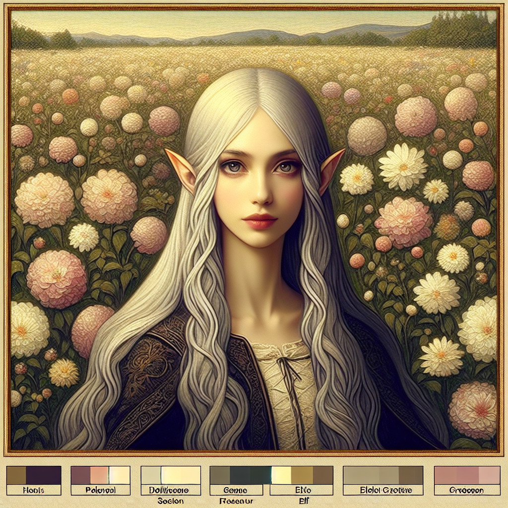 Elven Portrait with Silver Hair and Floral Background