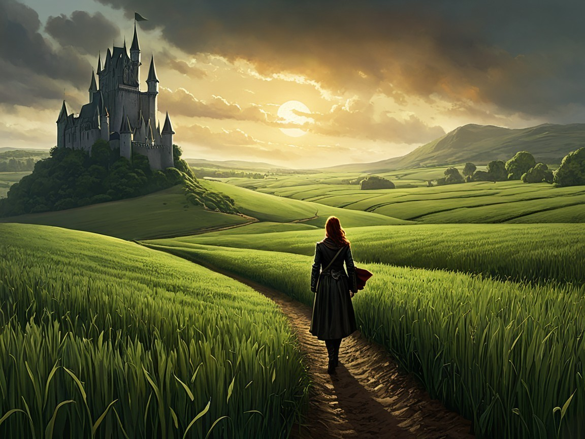 Lone Figure Walking Toward Castle at Sunset