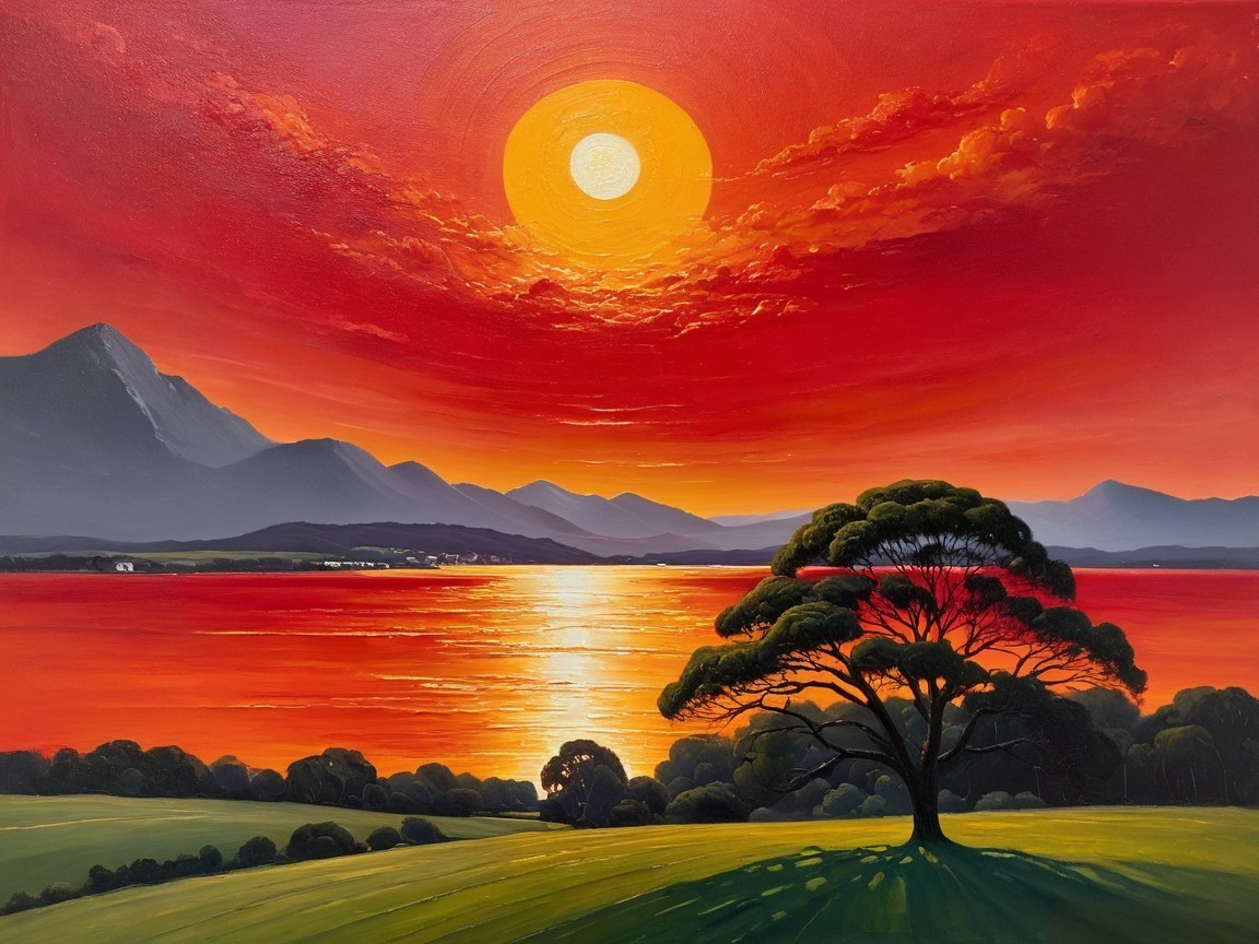 Vibrant Sunset Over Lake with Silhouetted Tree and Mountains