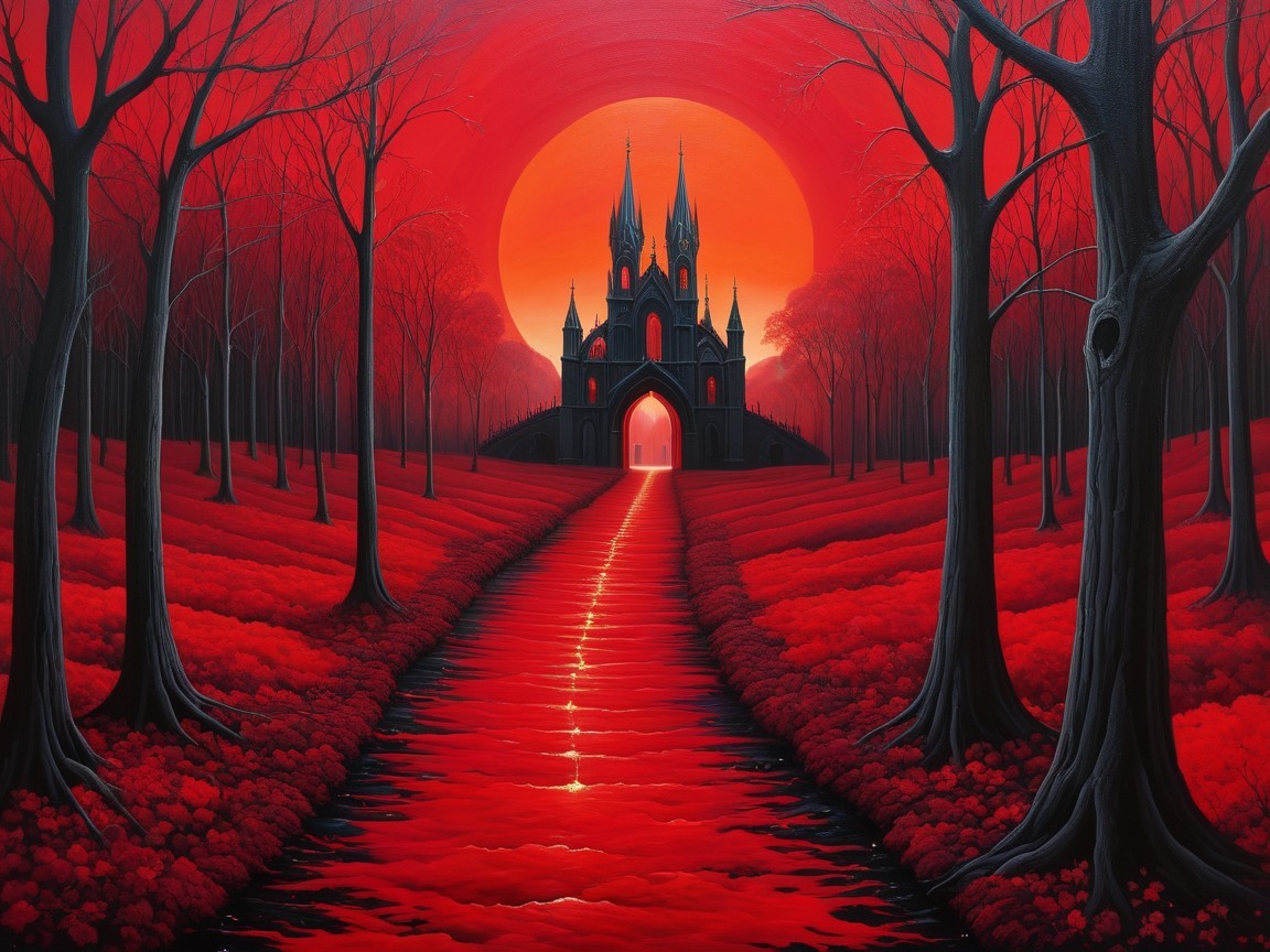 Fantastical Landscape with Castle and Red Sun