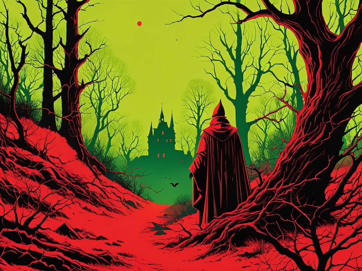 Cloaked Figure on Red Path in Eerie Landscape