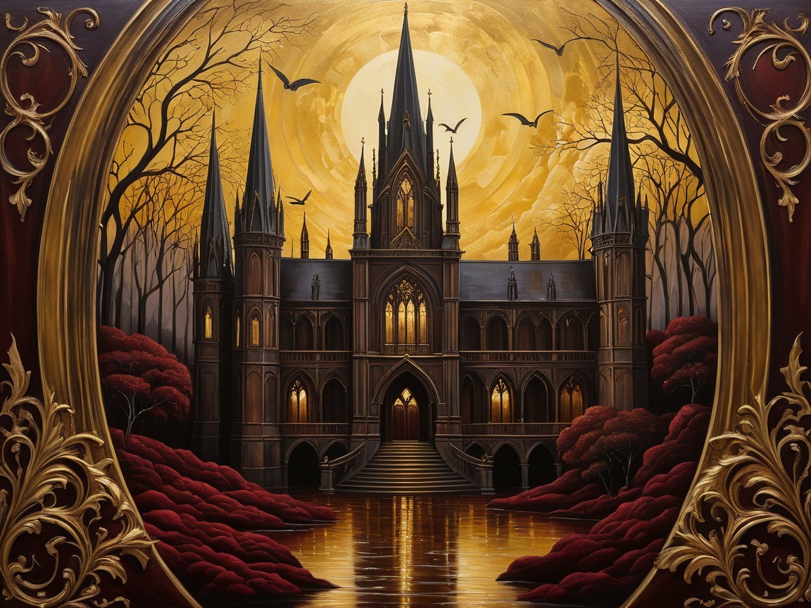 Gothic castle under moonlight with eerie landscape details