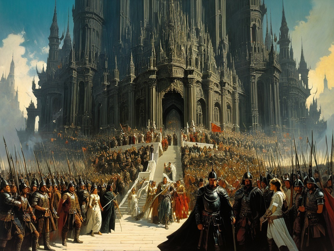 Majestic castle with soldiers and nobles in fantasy realm