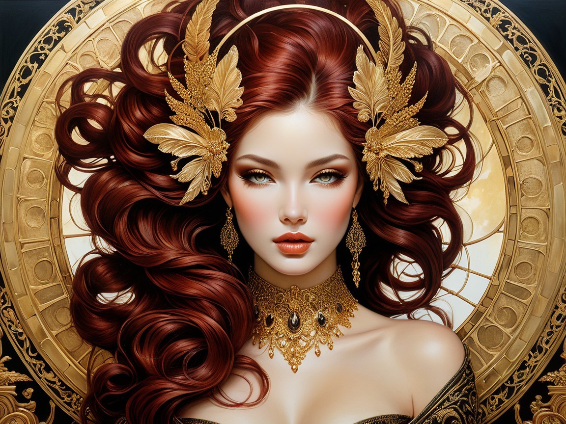 Elegant Woman with Auburn Hair and Golden Accents