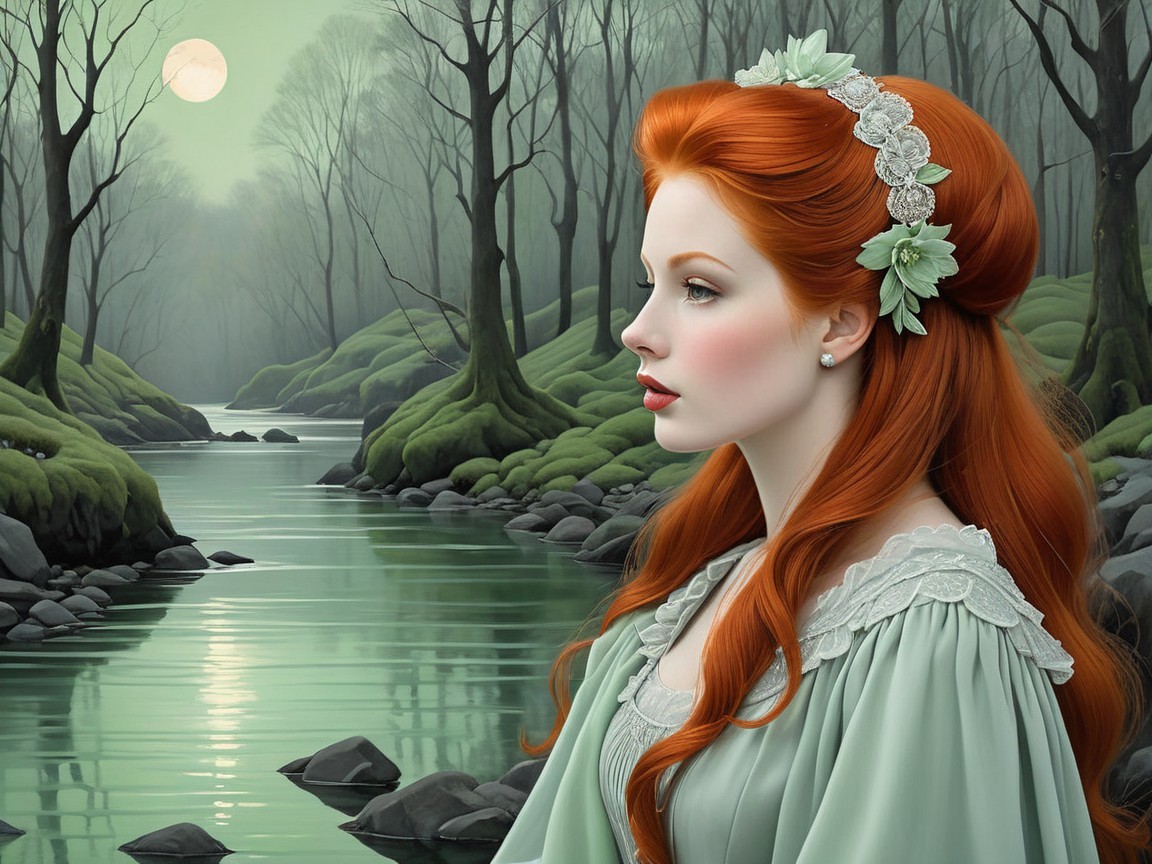 Young Woman with Red Hair in Tranquil Landscape