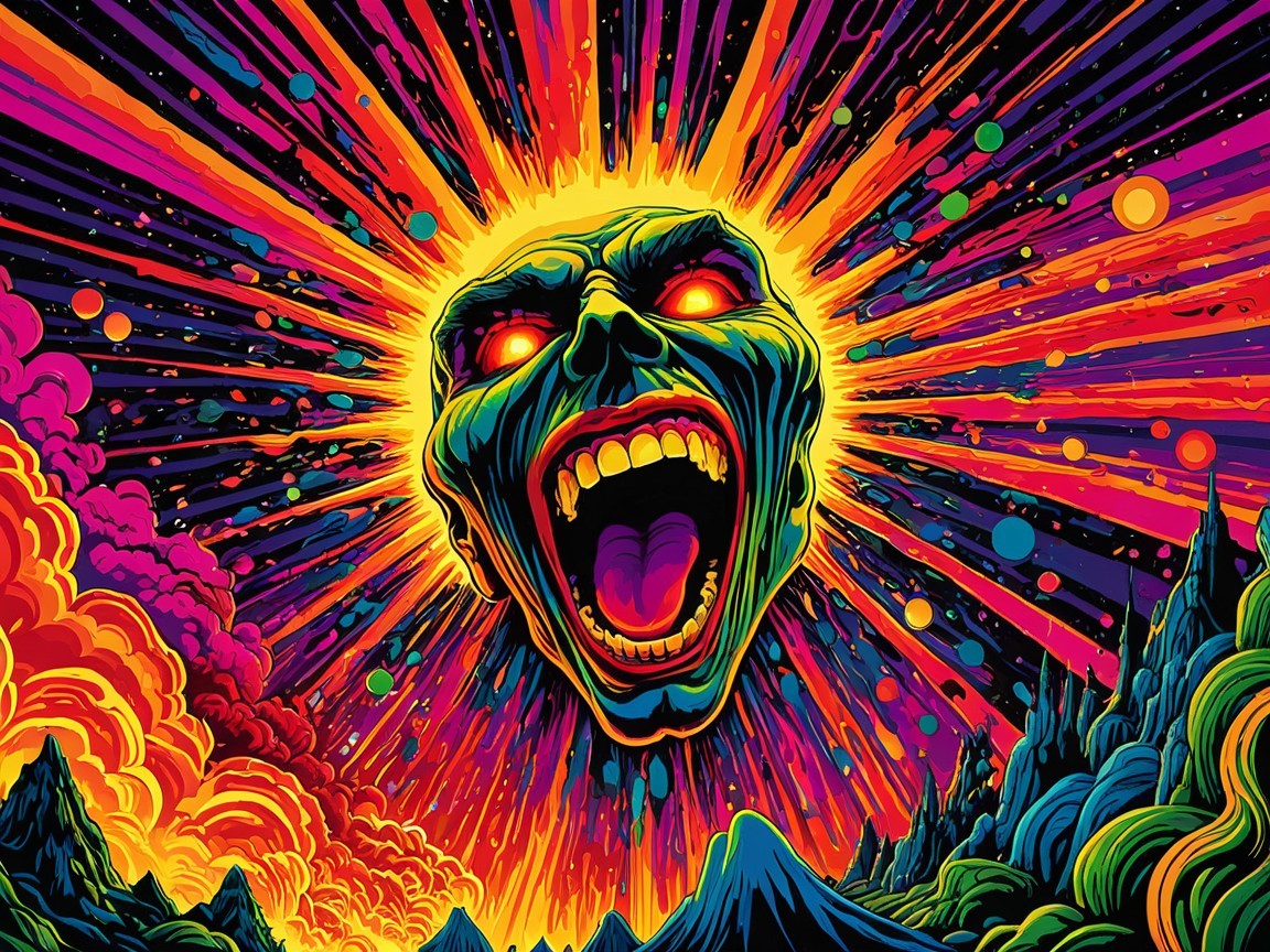 Psychedelic Landscape with Colossal Screaming Skull